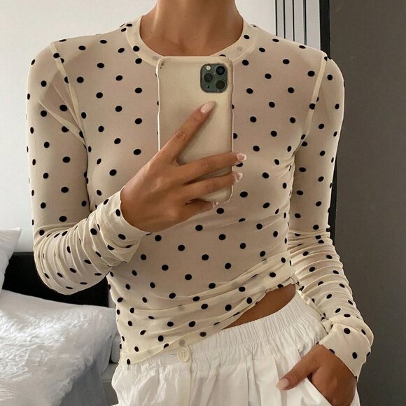 Tops - Beige Casual Women's Polka Dot Slim Fit Round Neck Long Sleeve Top